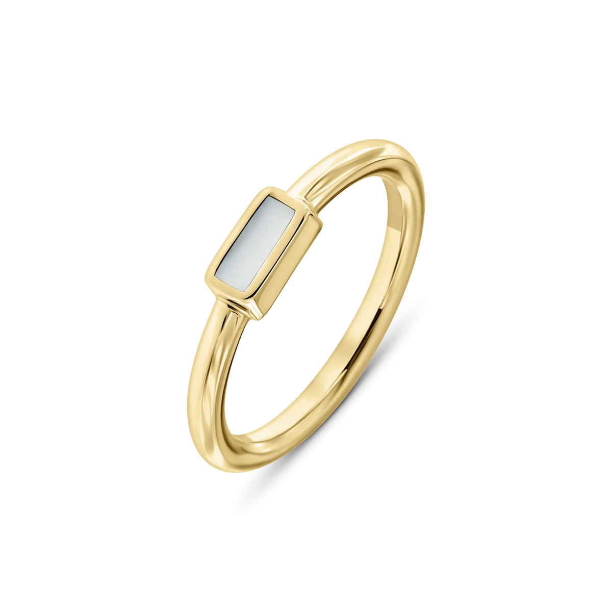 Britt breast milk ring in yellow gold with a rectangular milk stone on a thin band