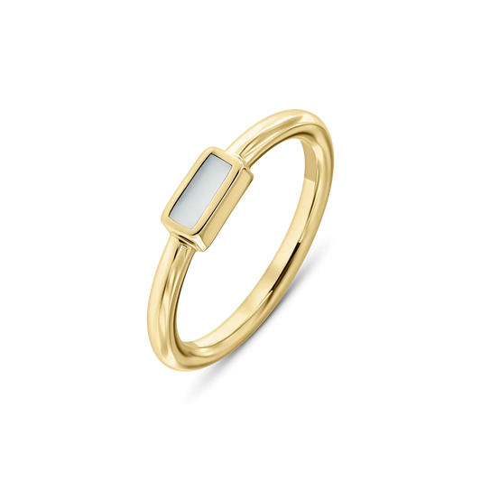 Britt breast milk ring in yellow gold with a rectangular milk stone on a thin band