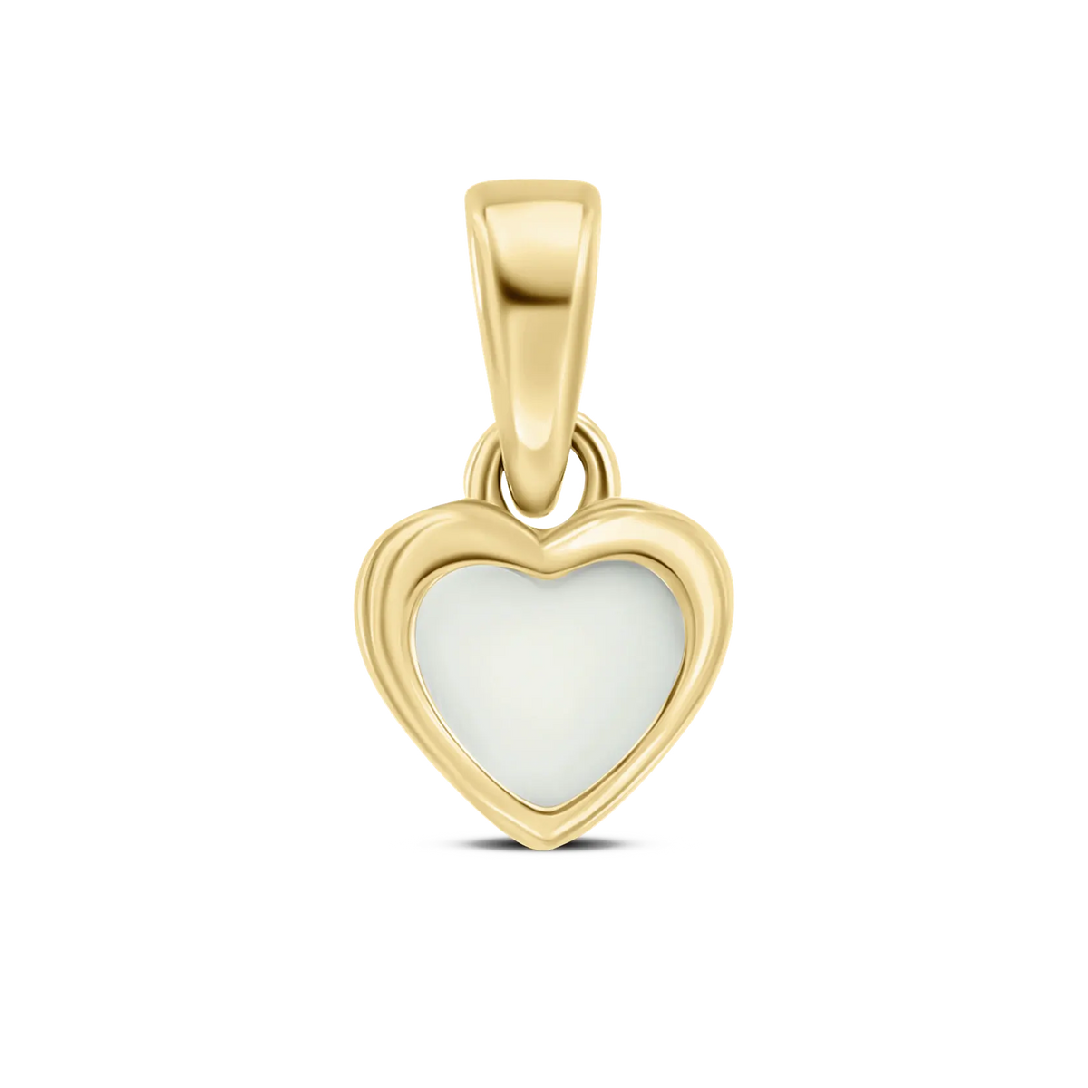 Cara pendant in yellow gold: a small heart with a double rim and a white breast milk stone