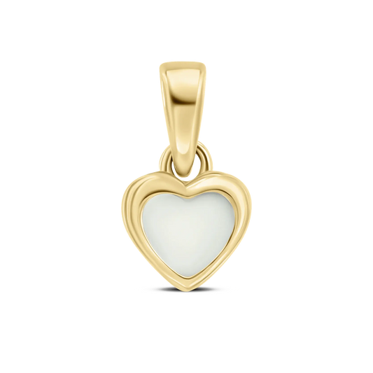 Cara pendant in yellow gold: a small heart with a double rim and a white breast milk stone