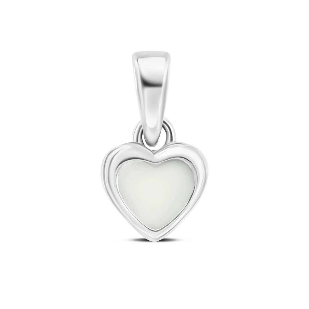 Cara pendant in white gold: a small heart with a double rim and a white breast milk stone