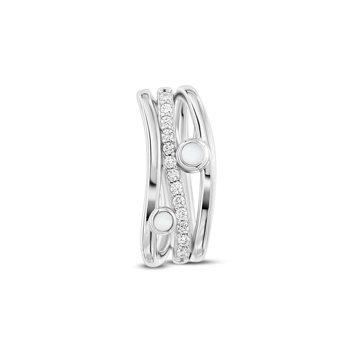 Silver Charlotte pendant with wavy lines, a row of clear stones and two round breast milk stones