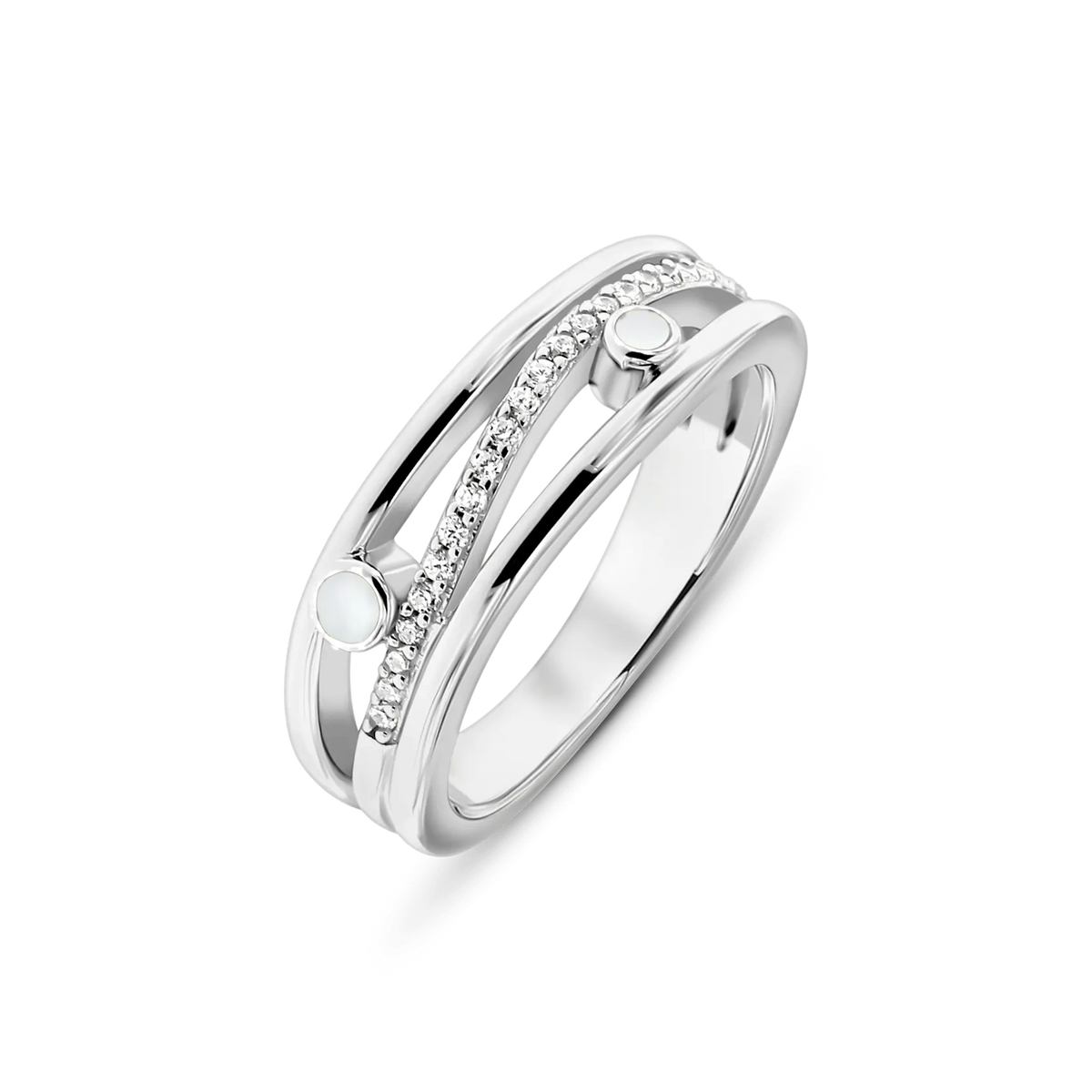 Silver Charlotte breast milk ring with three bands, a diagonal row of clear stones and two round milk stones