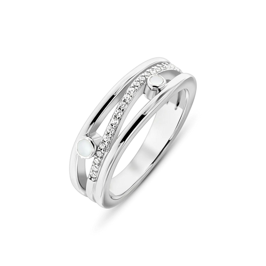 Silver Charlotte breast milk ring with three bands, a diagonal row of clear stones and two round milk stones
