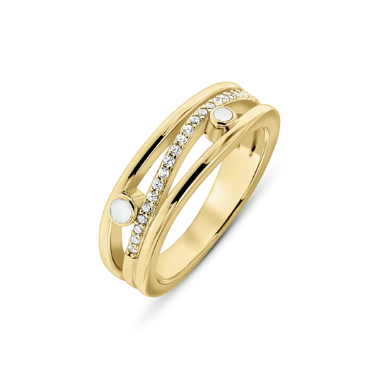 Yellow gold Charlotte breast milk ring with three bands, a diagonal row of clear stones and two round milk stones
