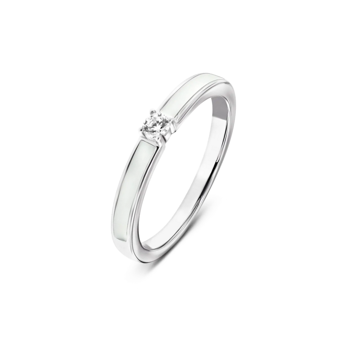 Silver Cinderella breast milk ring with a four-prong clear center stone and white milk inlay on both sides