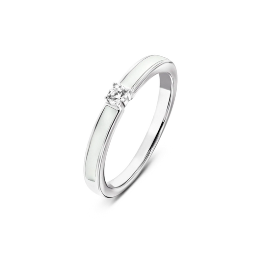 Silver Cinderella breast milk ring with a four-prong clear center stone and white milk inlay on both sides