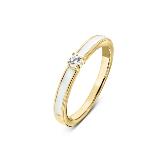 Yellow gold Cinderella breast milk ring with a four-prong clear center stone and white milk inlay on both sides