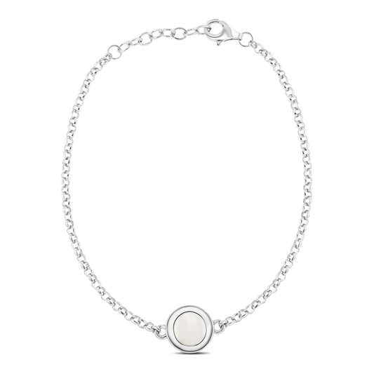 Circle of Life silver breast milk bracelet with round milk stone in a wide bezel and extension chain