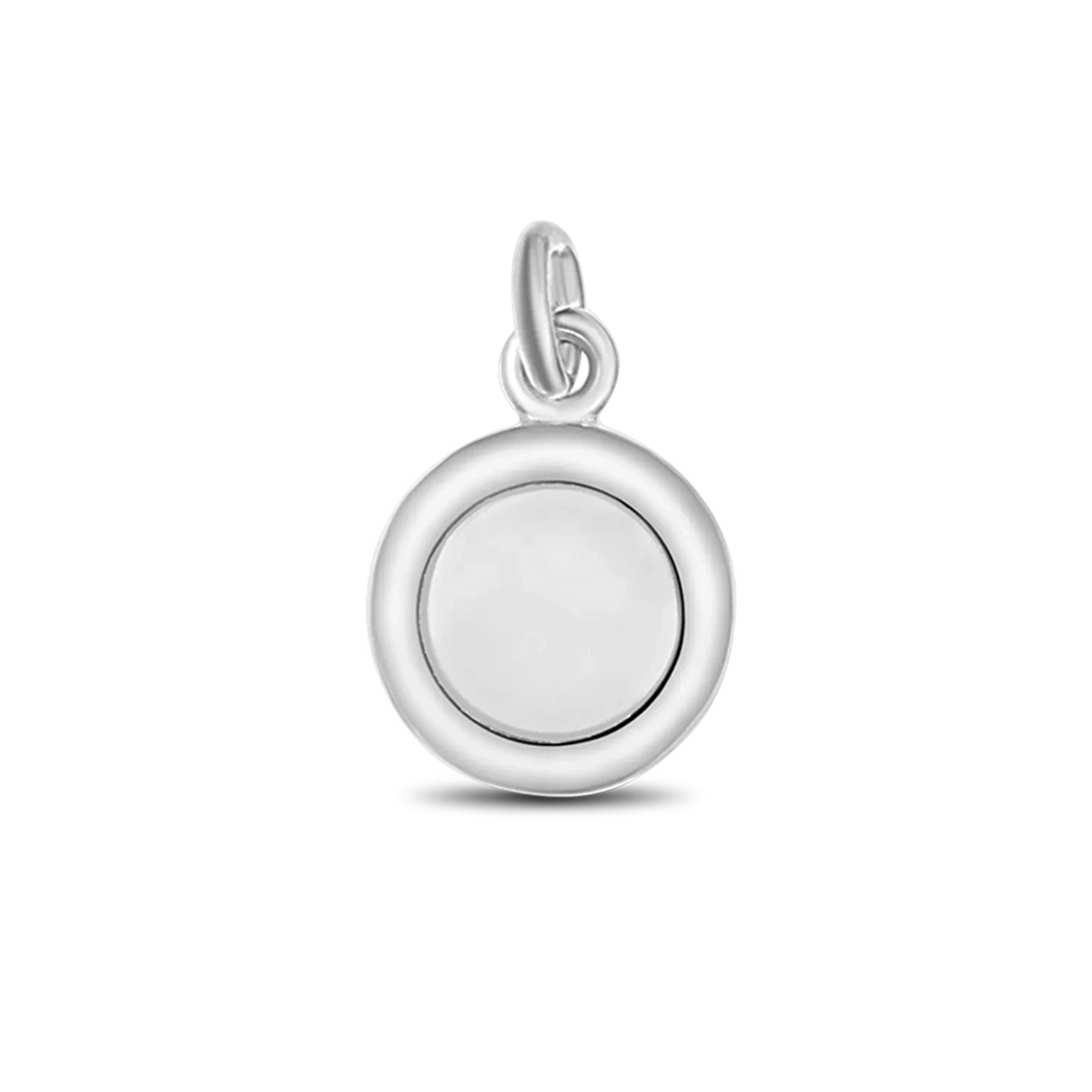 Silver Circle of Life pendant: a round breast milk stone in a wide smooth rim with two rings