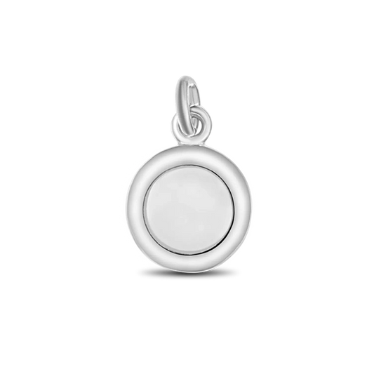 Silver Circle of Life pendant: a round breast milk stone in a wide smooth rim with two rings