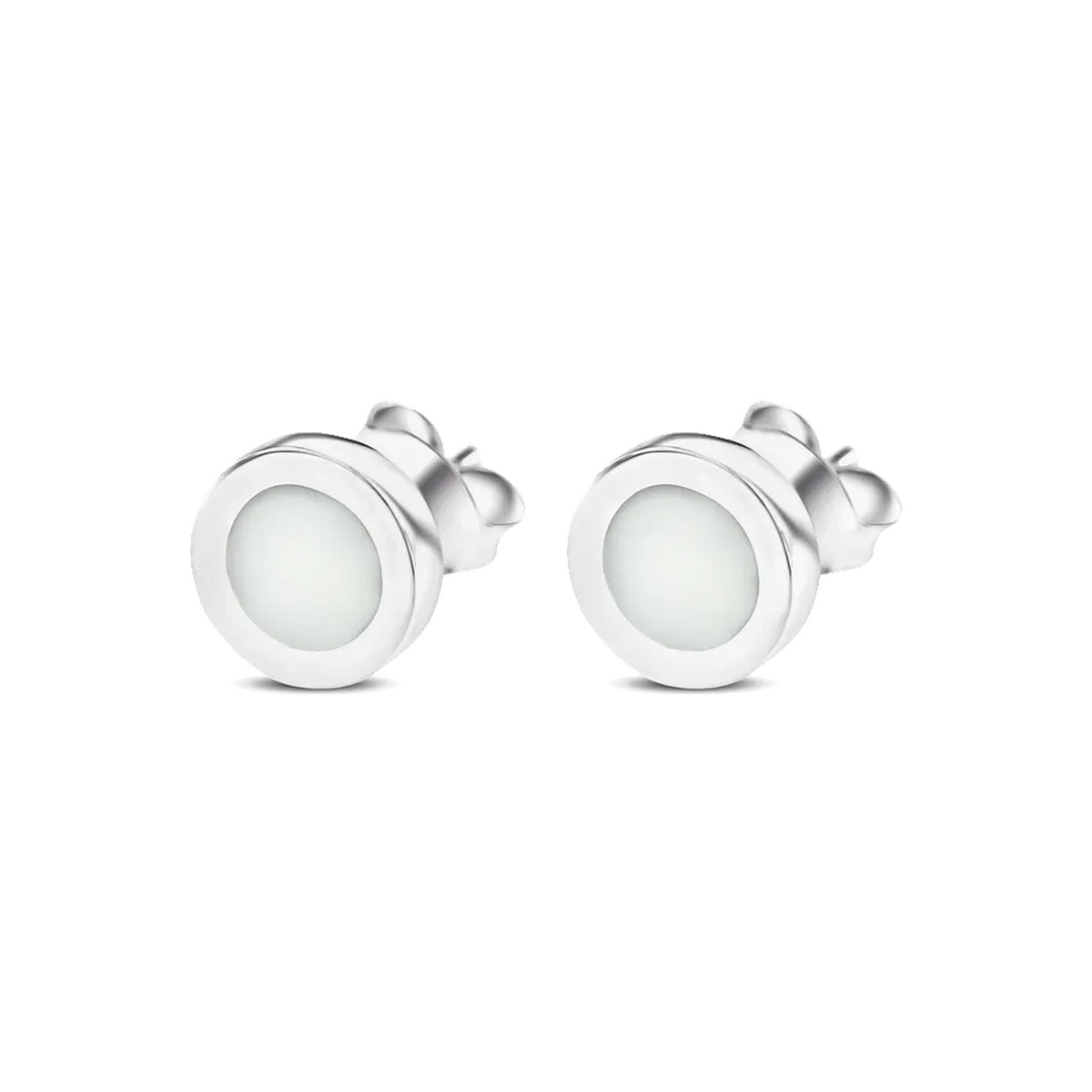 Circle of Life silver breast milk stud earrings, round milk stones in wide smooth bezels