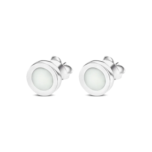 Circle of Life silver breast milk stud earrings, round milk stones in wide smooth bezels