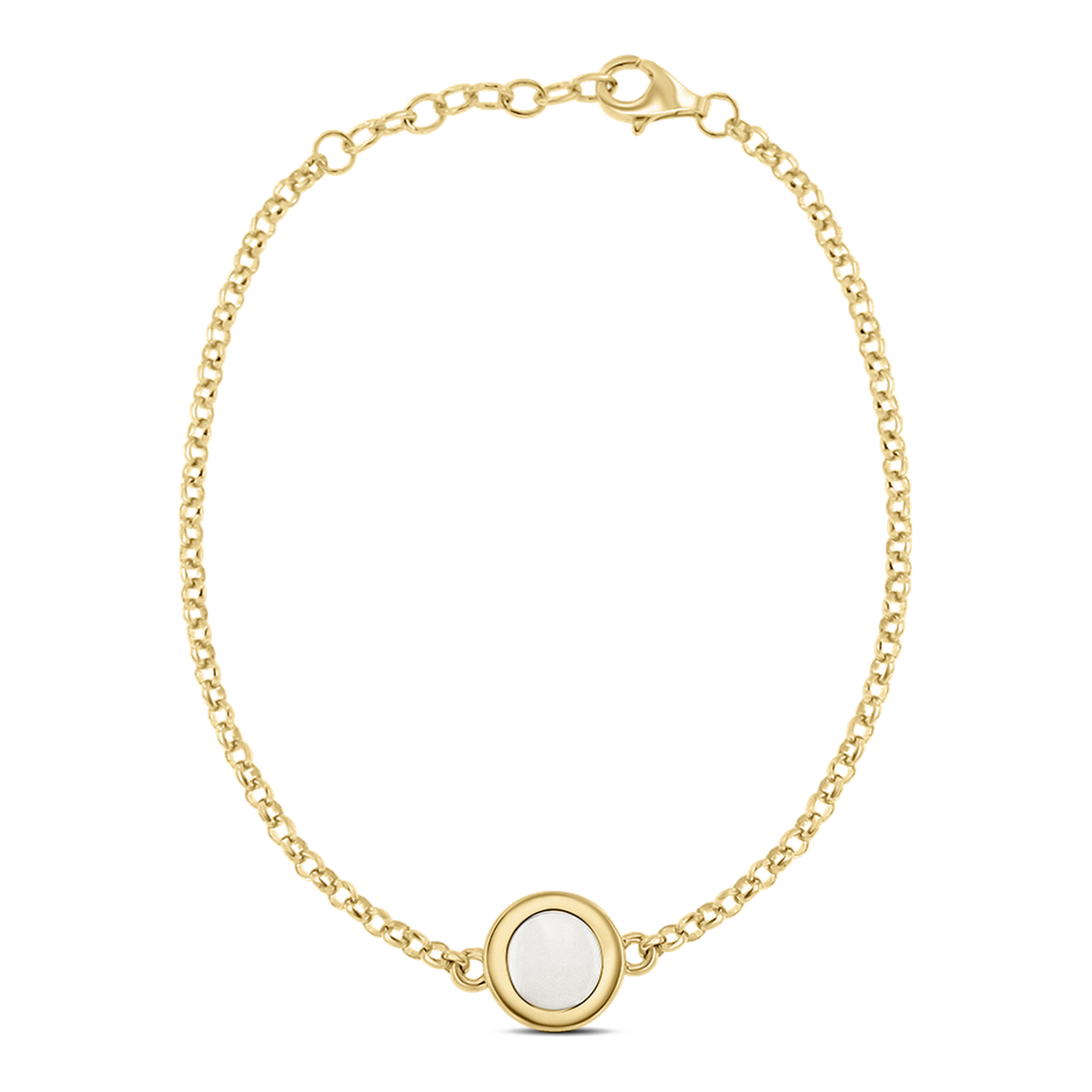 Circle of Life yellow gold breast milk bracelet with round milk stone in a wide bezel on rolo chain