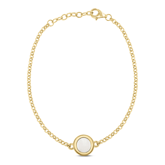 Circle of Life yellow gold breast milk bracelet with round milk stone in a wide bezel on rolo chain