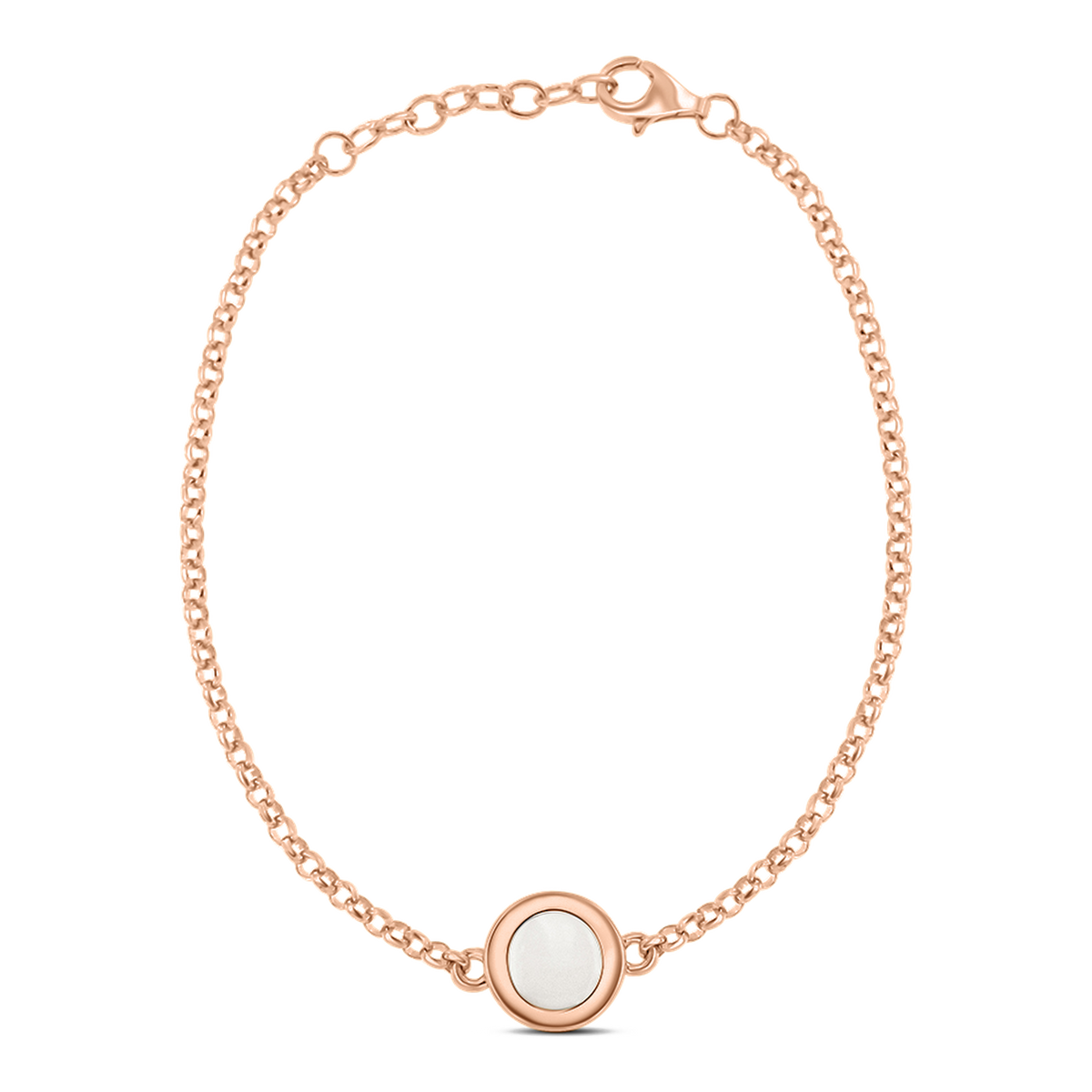 Circle of Life rose gold breast milk bracelet with round milk stone in a wide bezel on rolo chain