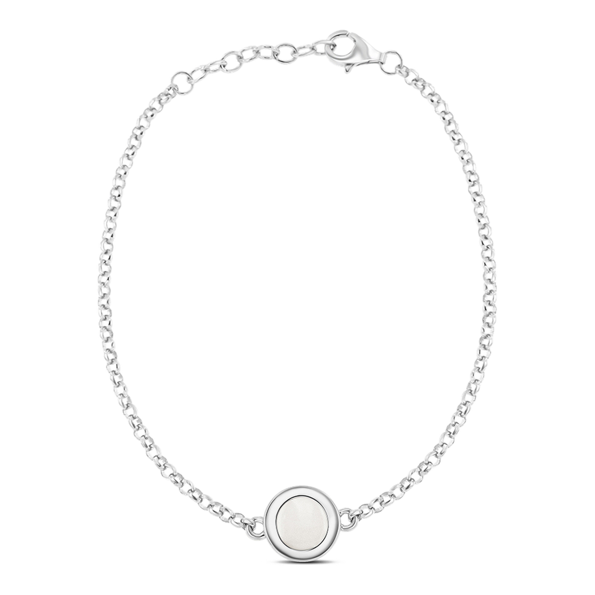 Circle of Life white gold breast milk bracelet with round milk stone in a wide bezel on rolo chain