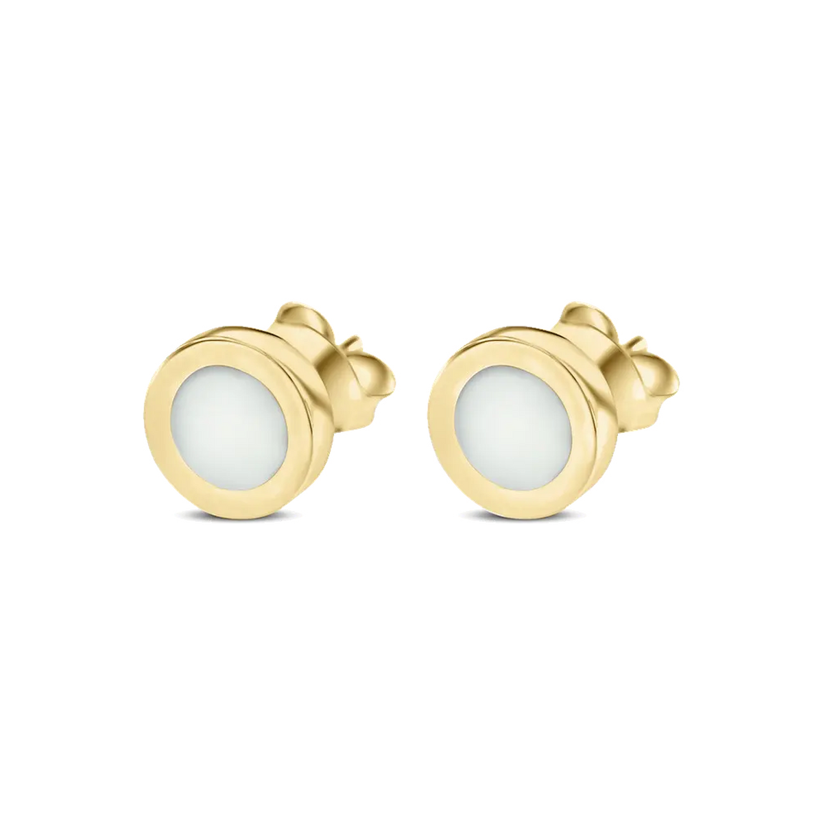 Circle of Life yellow gold breast milk stud earrings, round milk stones in wide smooth bezels