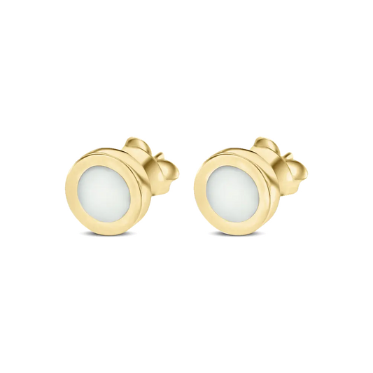 Circle of Life yellow gold breast milk stud earrings, round milk stones in wide smooth bezels