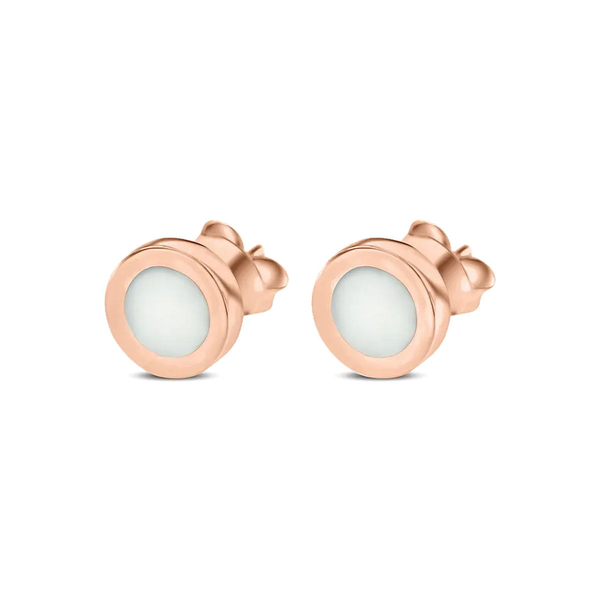 Circle of Life rose gold breast milk stud earrings, round milk stones in wide smooth bezels