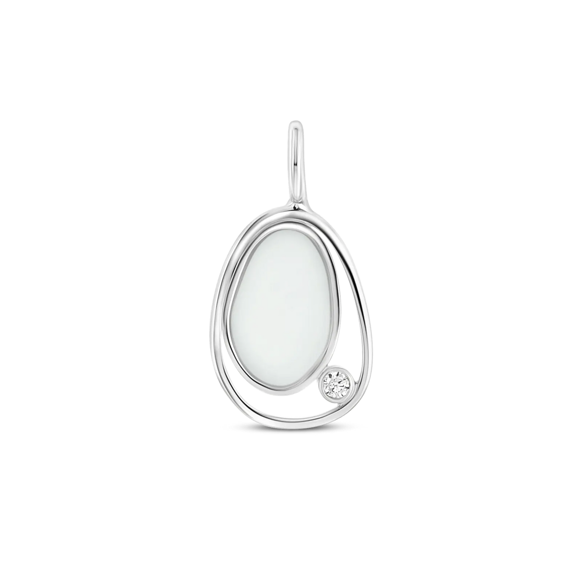Silver Danique pendant: a pebble-shaped breast milk stone in an open loop with a clear cubic zirconia