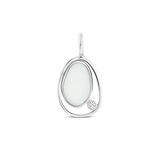 Silver Danique pendant: a pebble-shaped breast milk stone in an open loop with a clear cubic zirconia