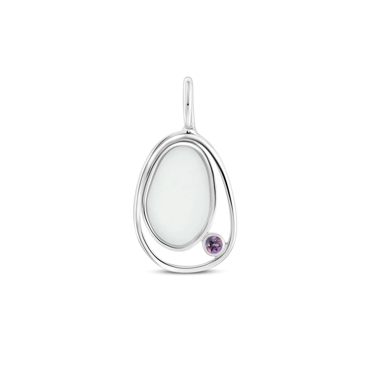 Silver Danique pendant: a pebble-shaped breast milk stone in an open loop with a purple amethyst (February)
