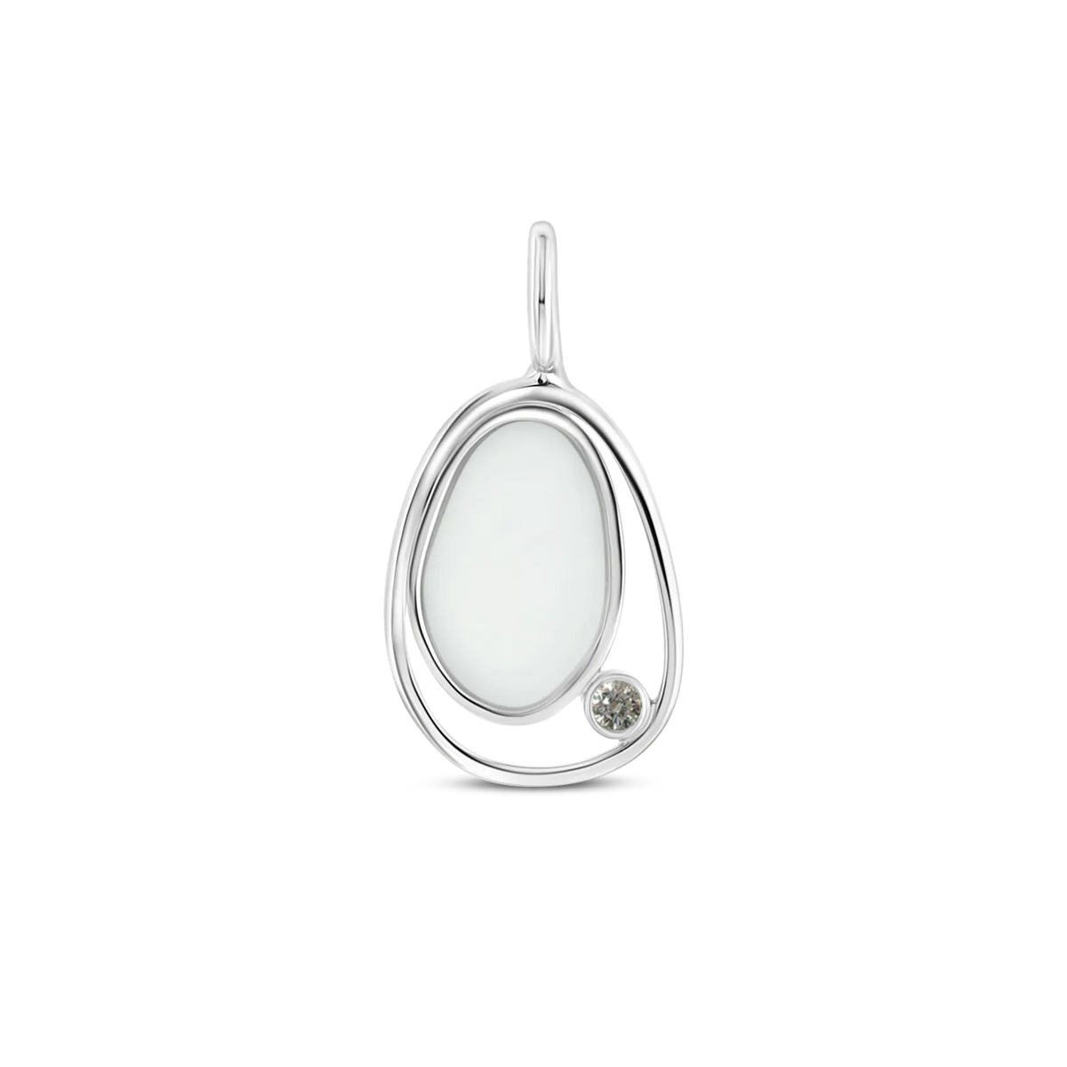 Silver Danique pendant: a pebble-shaped breast milk stone in an open loop with a clear lab-grown diamond (April)