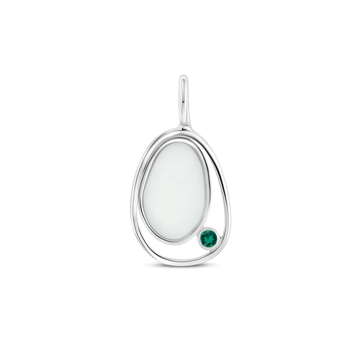 Silver Danique pendant: a pebble-shaped breast milk stone in an open loop with a green emerald (May)