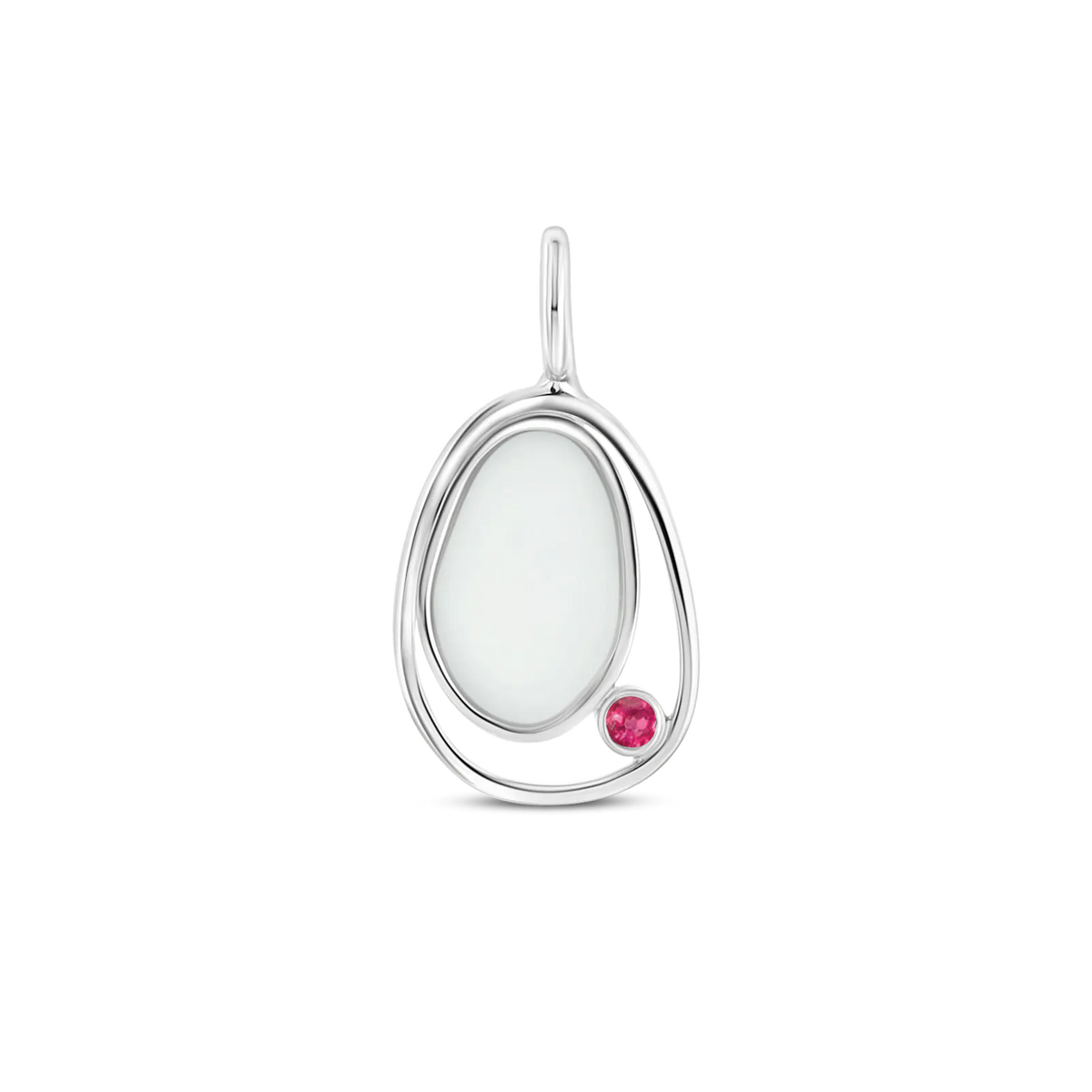 Silver Danique pendant: a pebble-shaped breast milk stone in an open loop with a red ruby (July)