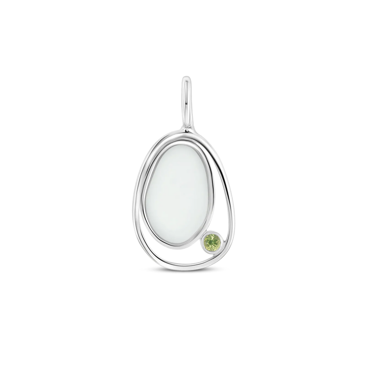 Silver Danique pendant: a pebble-shaped breast milk stone in an open loop with a light green peridot (August)