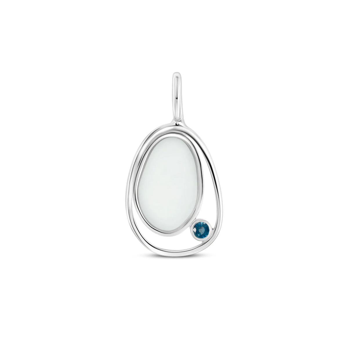 Silver Danique pendant: a pebble-shaped breast milk stone in an open loop with a dark blue sapphire (September)