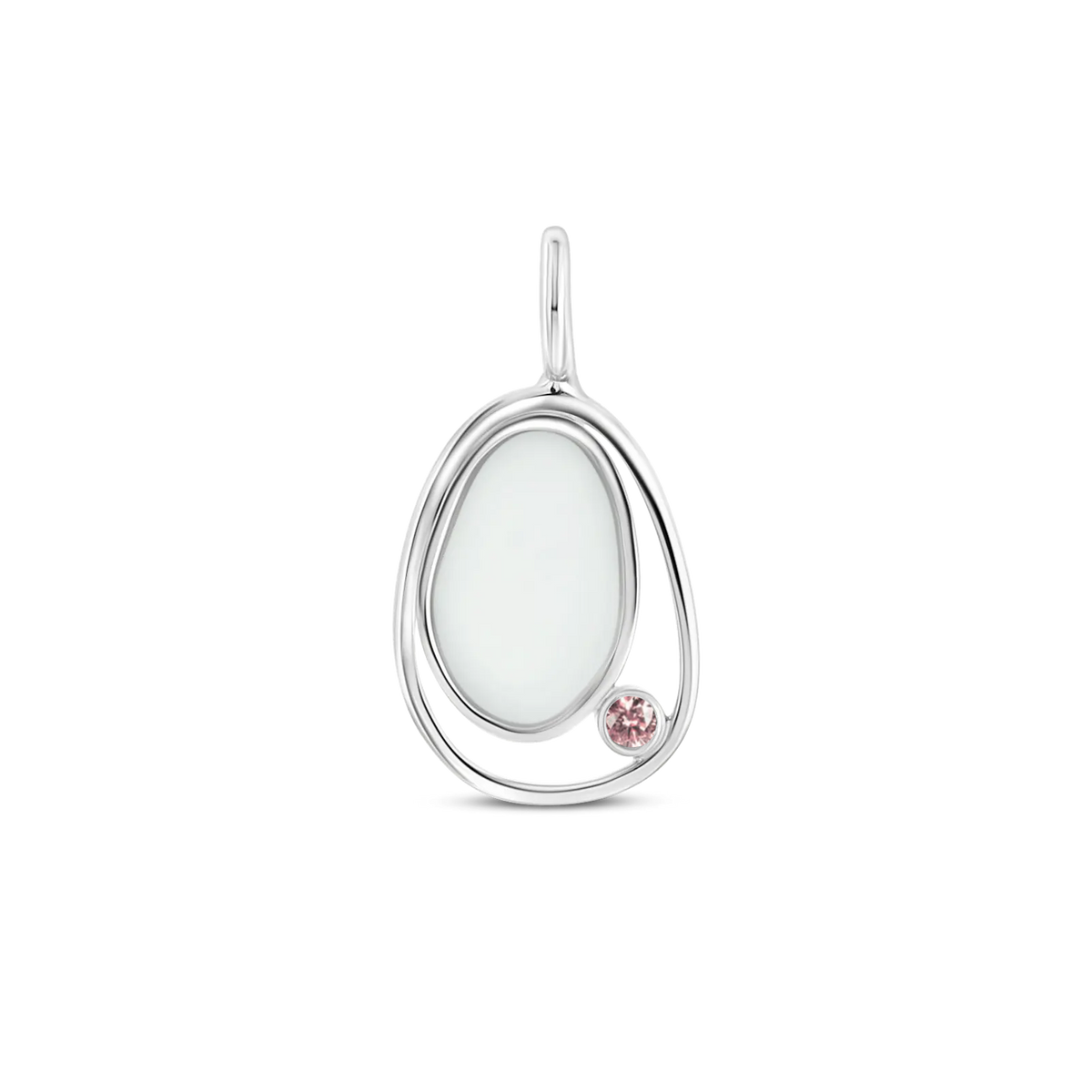 Silver Danique pendant: a pebble-shaped breast milk stone in an open loop with a pale pink morganite (October)