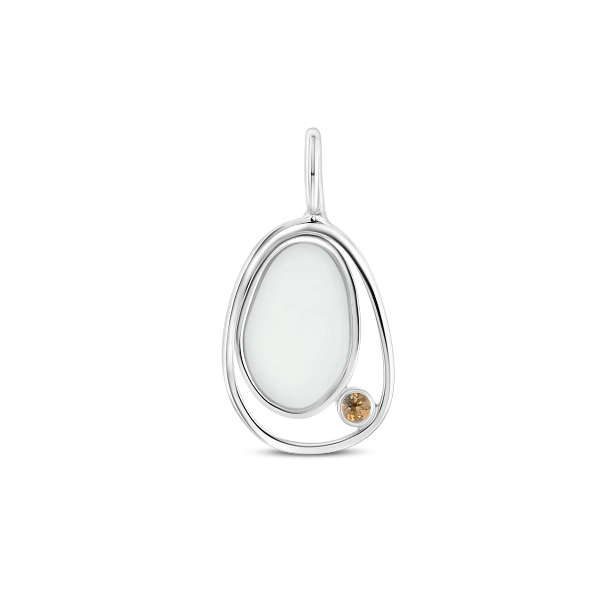 Silver Danique pendant: a pebble-shaped breast milk stone in an open loop with a golden citrine (November)