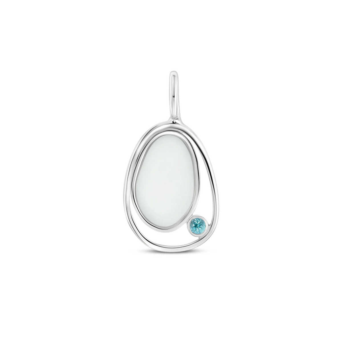 Silver Danique pendant: a pebble-shaped breast milk stone in an open loop with a bright blue topaz (December)