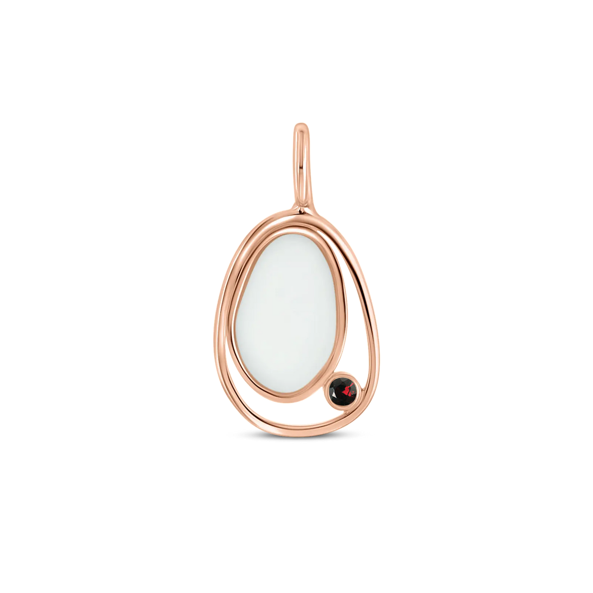 Danique pendant in rose gold: a pebble-shaped breast milk stone in an open loop with a dark red garnet (January)