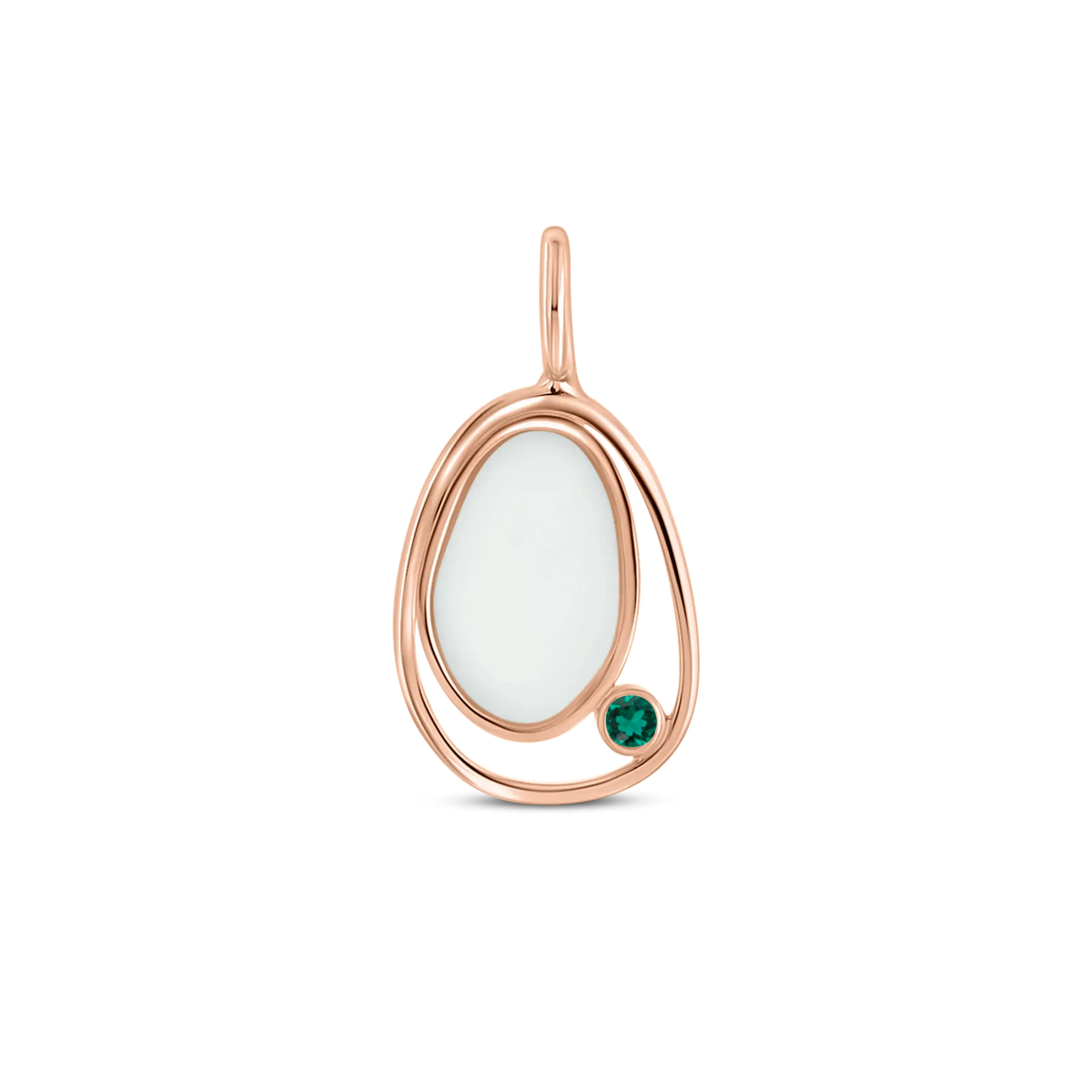 Danique pendant in rose gold: a pebble-shaped breast milk stone in an open loop with a green emerald (May)