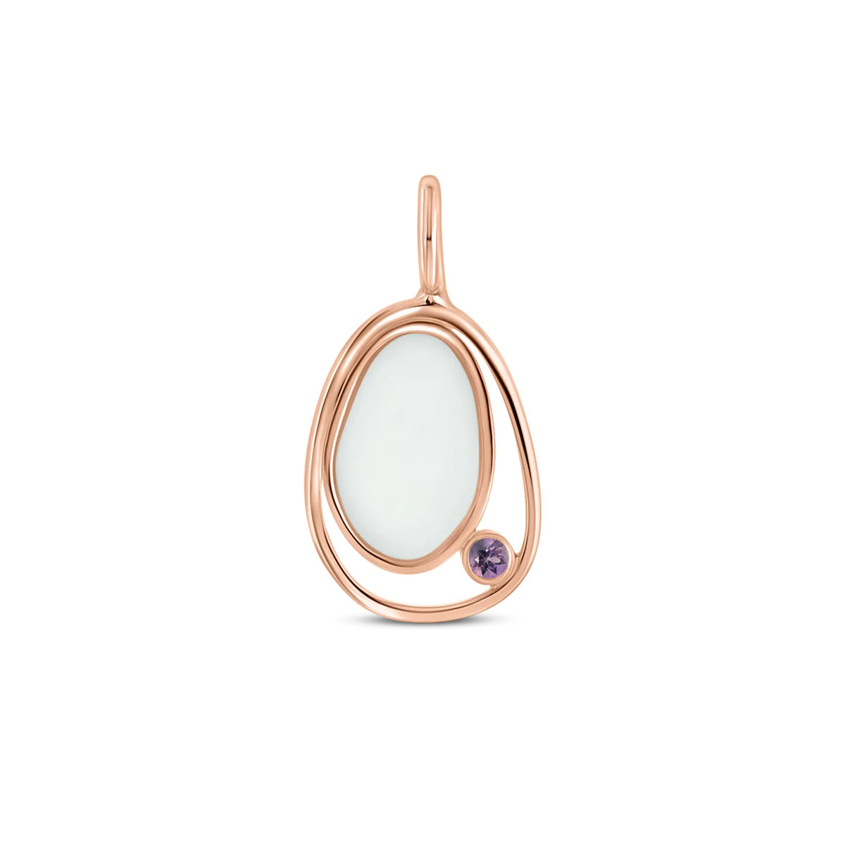 Danique pendant in rose gold: a pebble-shaped breast milk stone in an open loop with a purple amethyst (June)