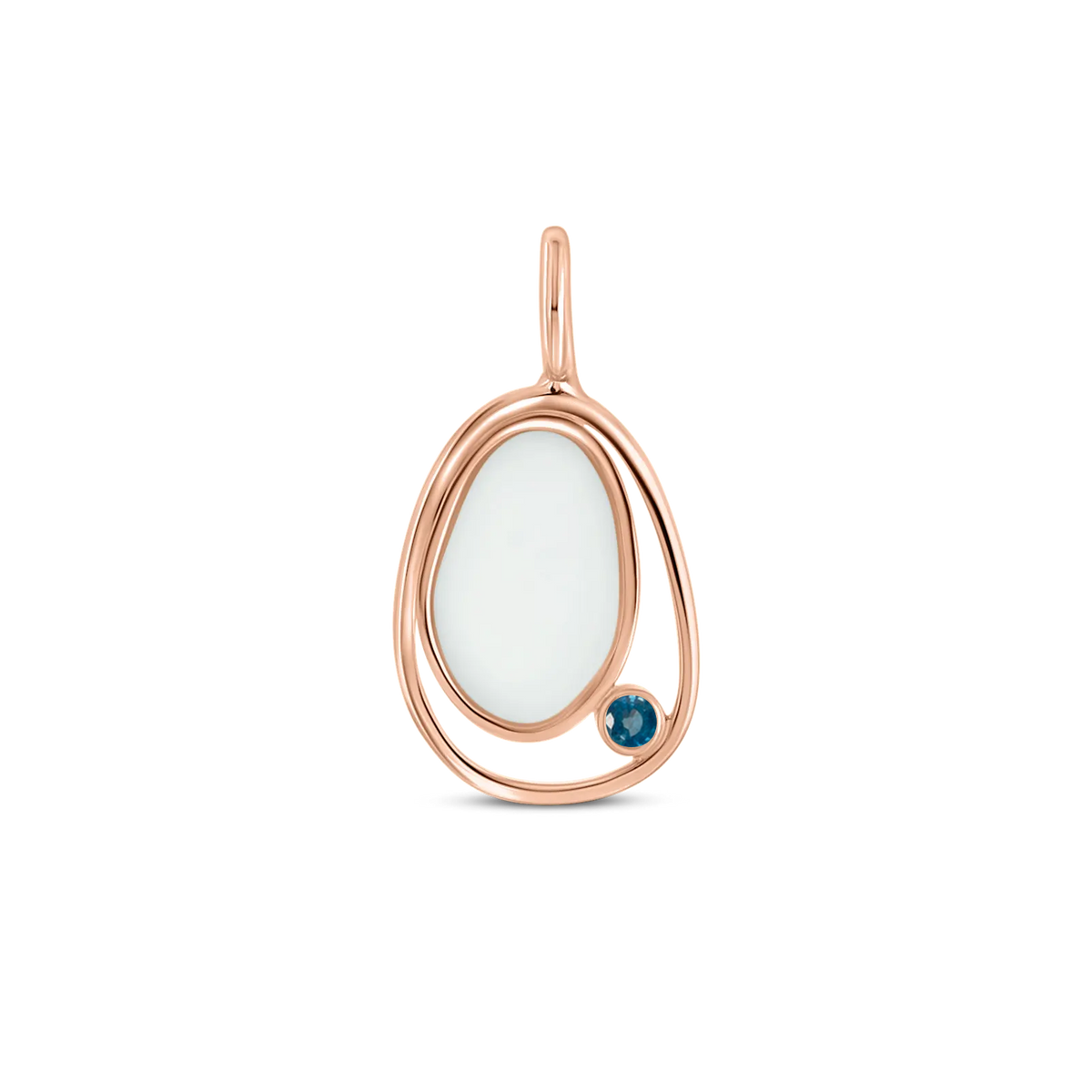 Danique pendant in rose gold: a pebble-shaped breast milk stone in an open loop with a dark blue sapphire (September)