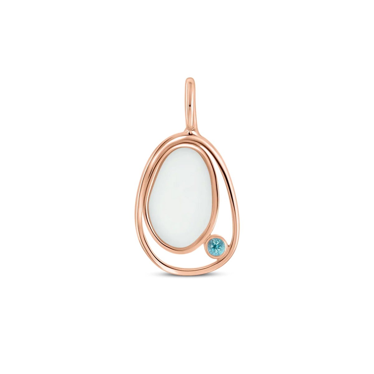 Danique pendant in rose gold: a pebble-shaped breast milk stone in an open loop with a bright blue topaz (December)