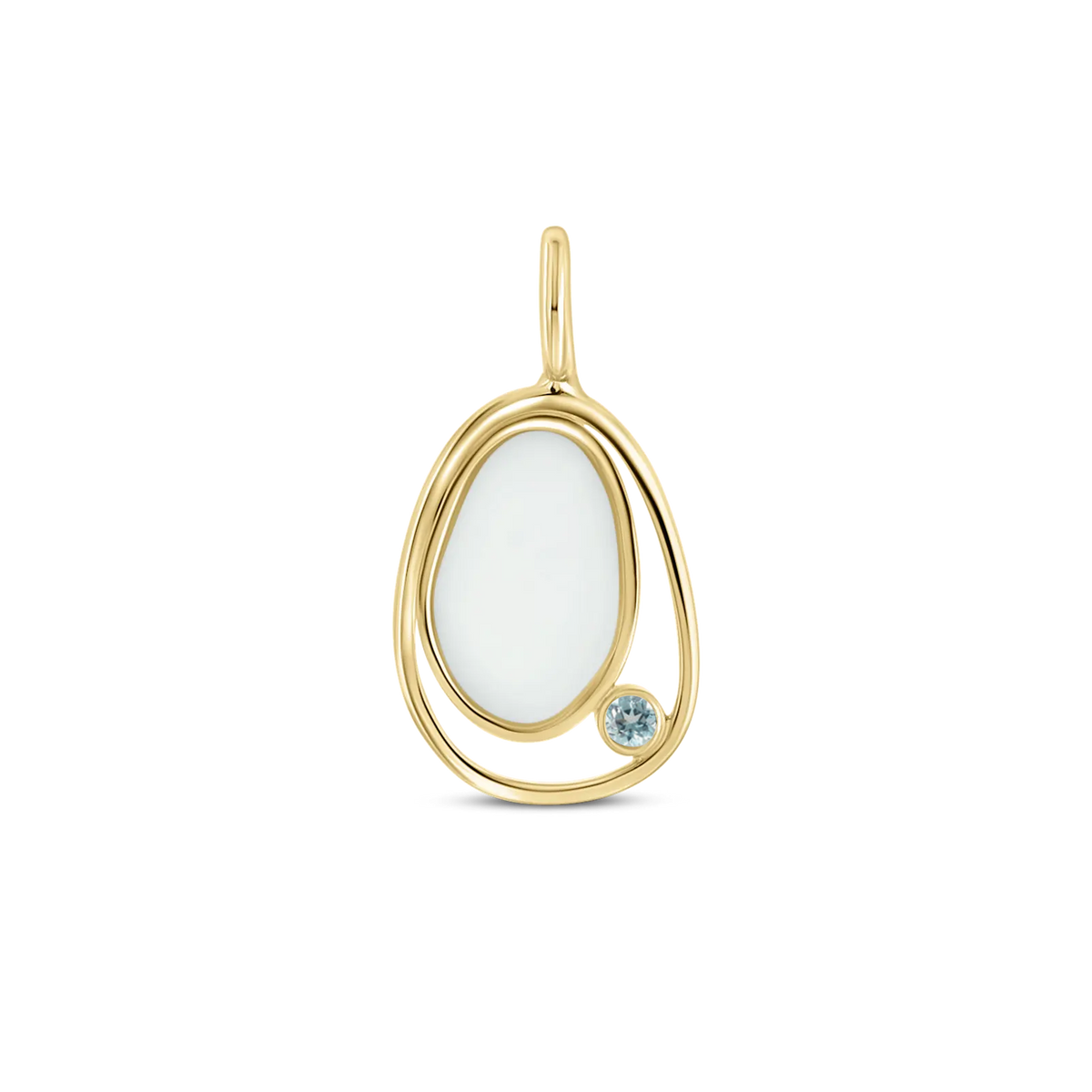 Danique pendant in yellow gold: a pebble-shaped breast milk stone in an open loop with a light blue aquamarine (March)