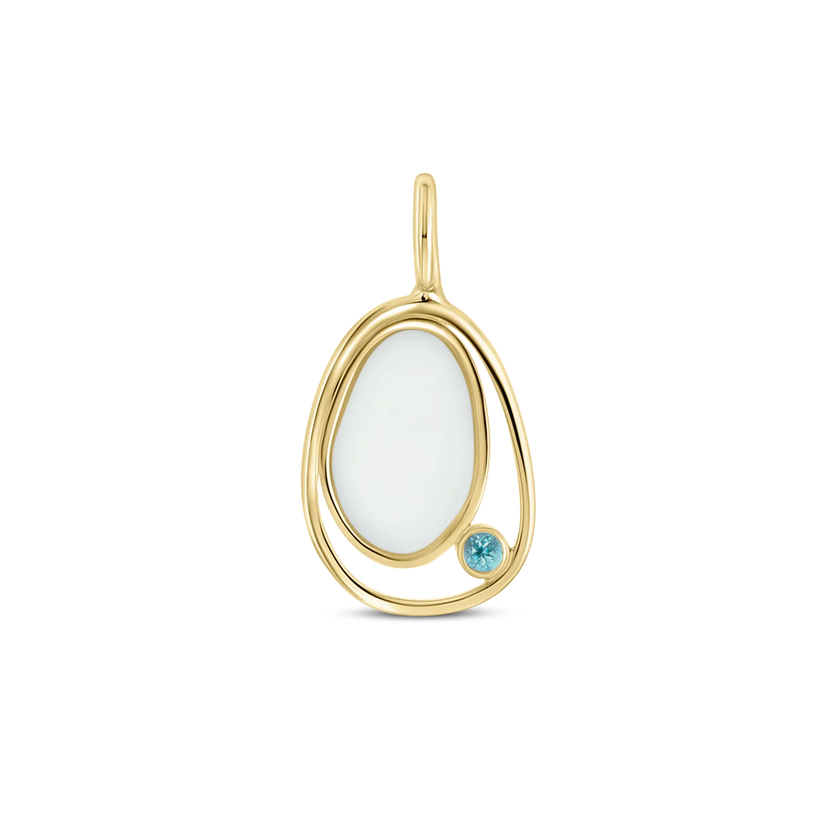 Danique pendant in yellow gold: a pebble-shaped breast milk stone in an open loop with a bright blue topaz (December)
