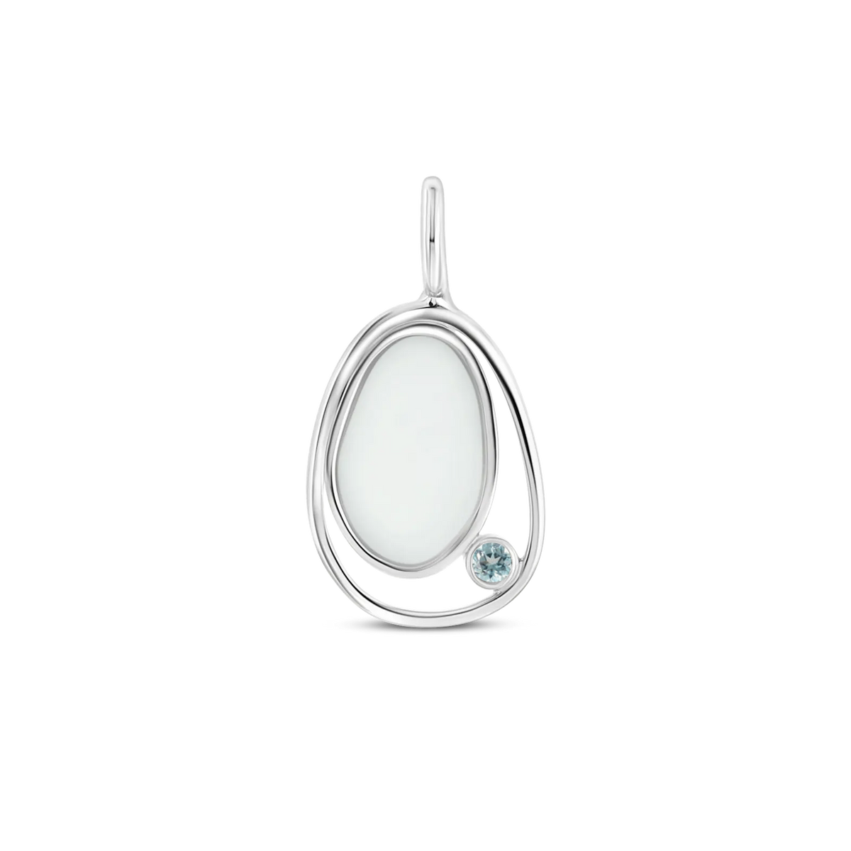 Danique pendant in white gold: a pebble-shaped breast milk stone in an open loop with a light blue aquamarine (March)