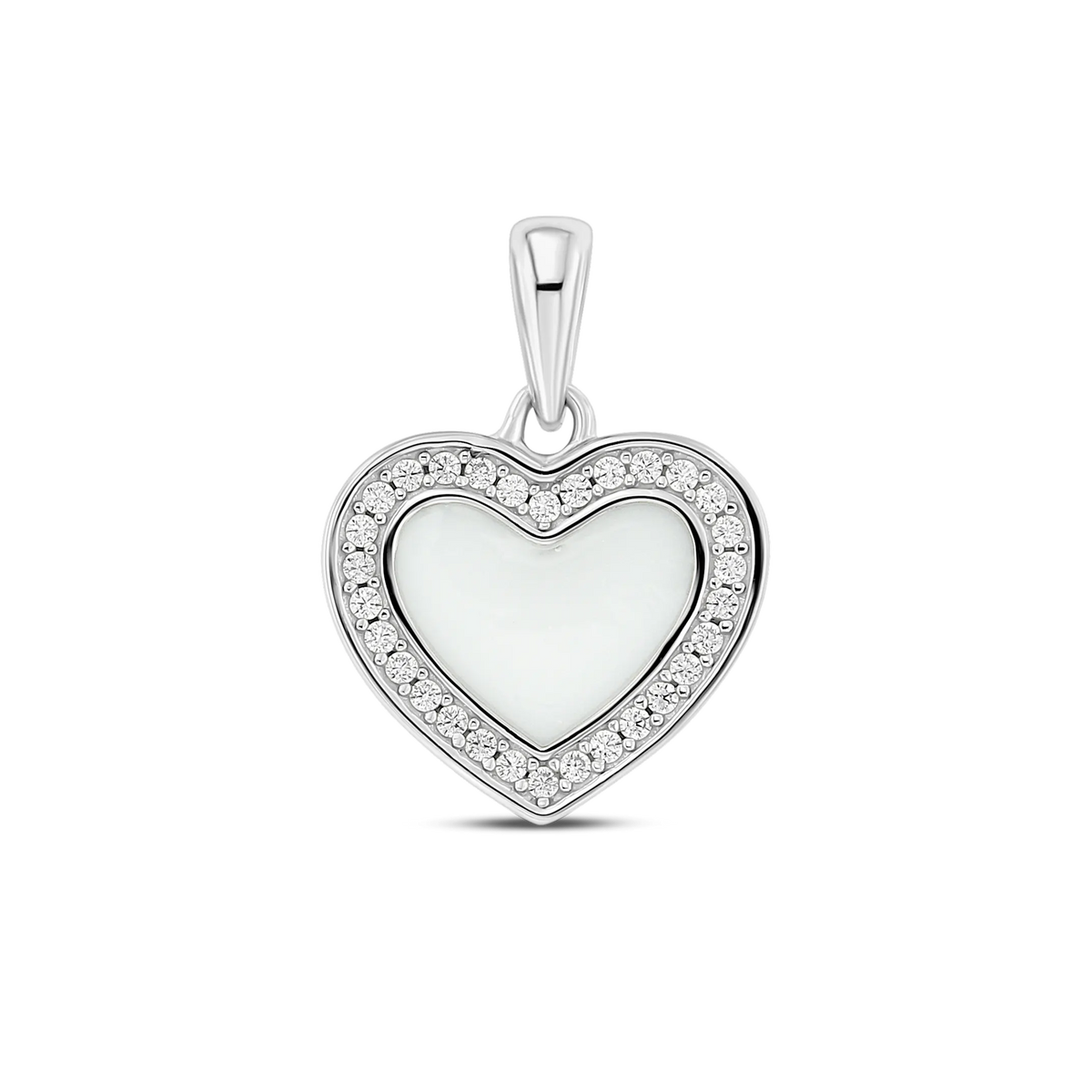 Silver Demi pendant: a heart-shaped breast milk stone framed by a halo of small clear stones