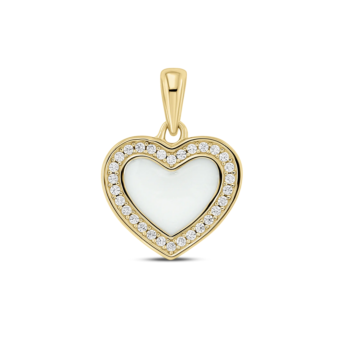 Demi pendant in yellow gold: a heart-shaped breast milk stone framed by a halo of small clear stones