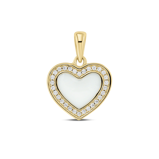 Demi pendant in yellow gold: a heart-shaped breast milk stone framed by a halo of small clear stones