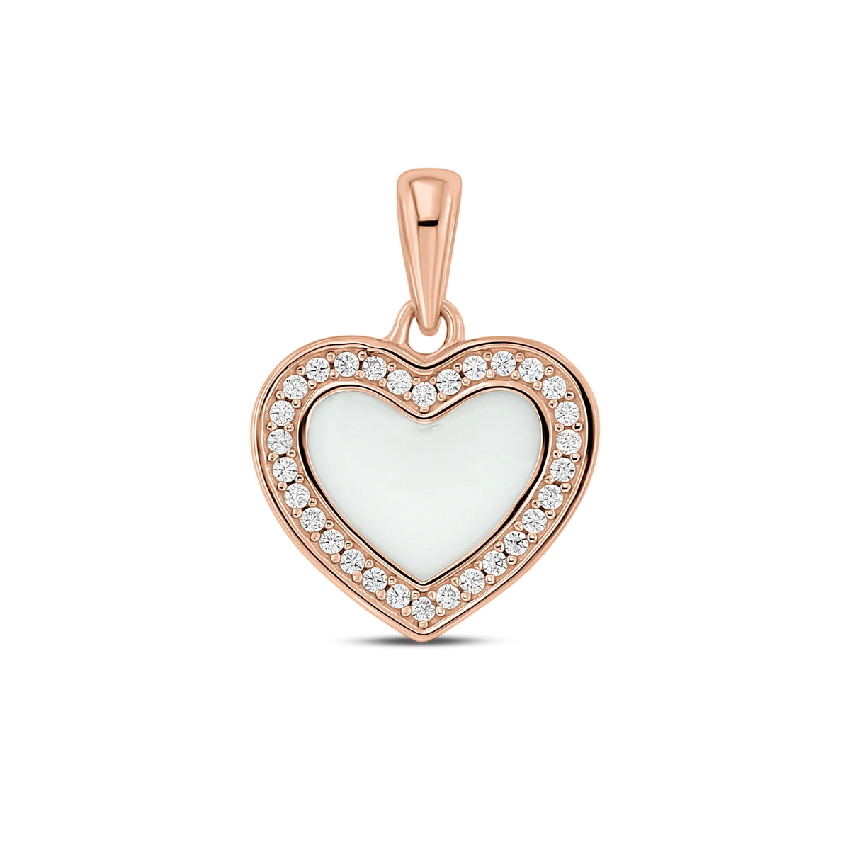 Demi pendant in rose gold: a heart-shaped breast milk stone framed by a halo of small clear stones