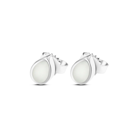 Drop silver breast milk stud earrings, teardrop-shaped milk stones in a smooth silver bezel