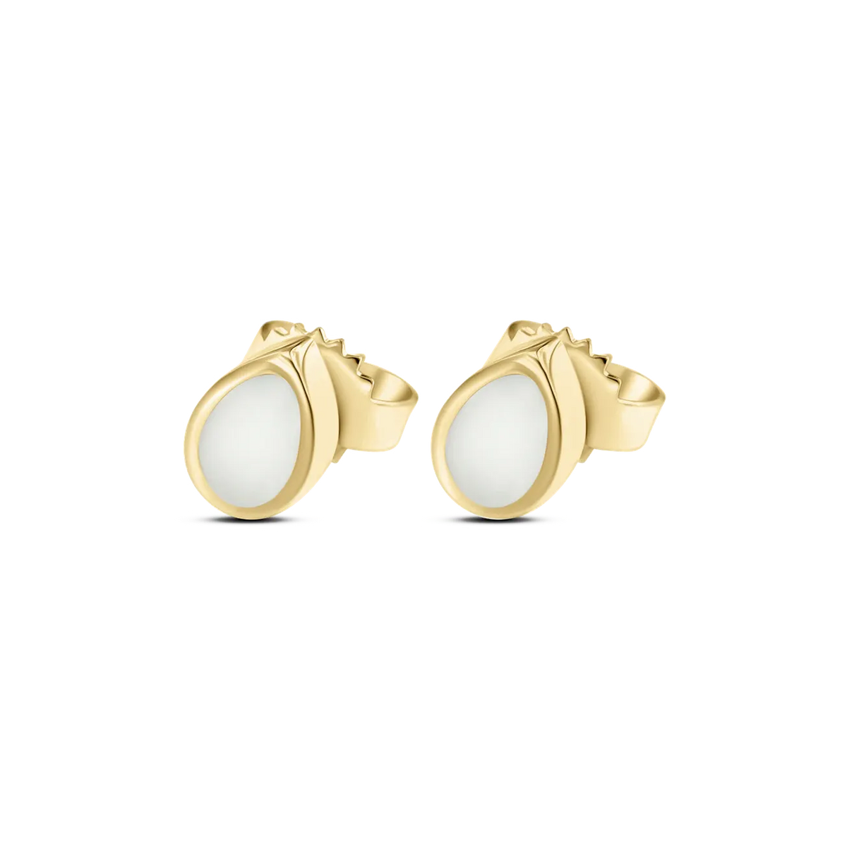 Drop yellow gold breast milk stud earrings, teardrop-shaped milk stones in a thin gold bezel