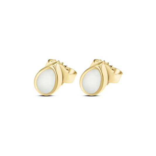 Drop yellow gold breast milk stud earrings, teardrop-shaped milk stones in a thin gold bezel